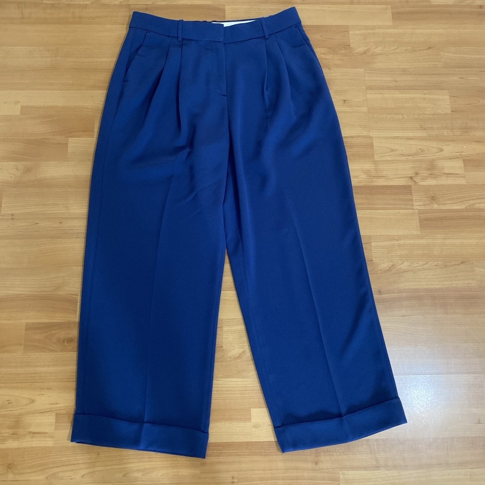 J Crew Womens 12 Navy Blue Pleated Wide Leg Dress Pants Cuffed Trousers